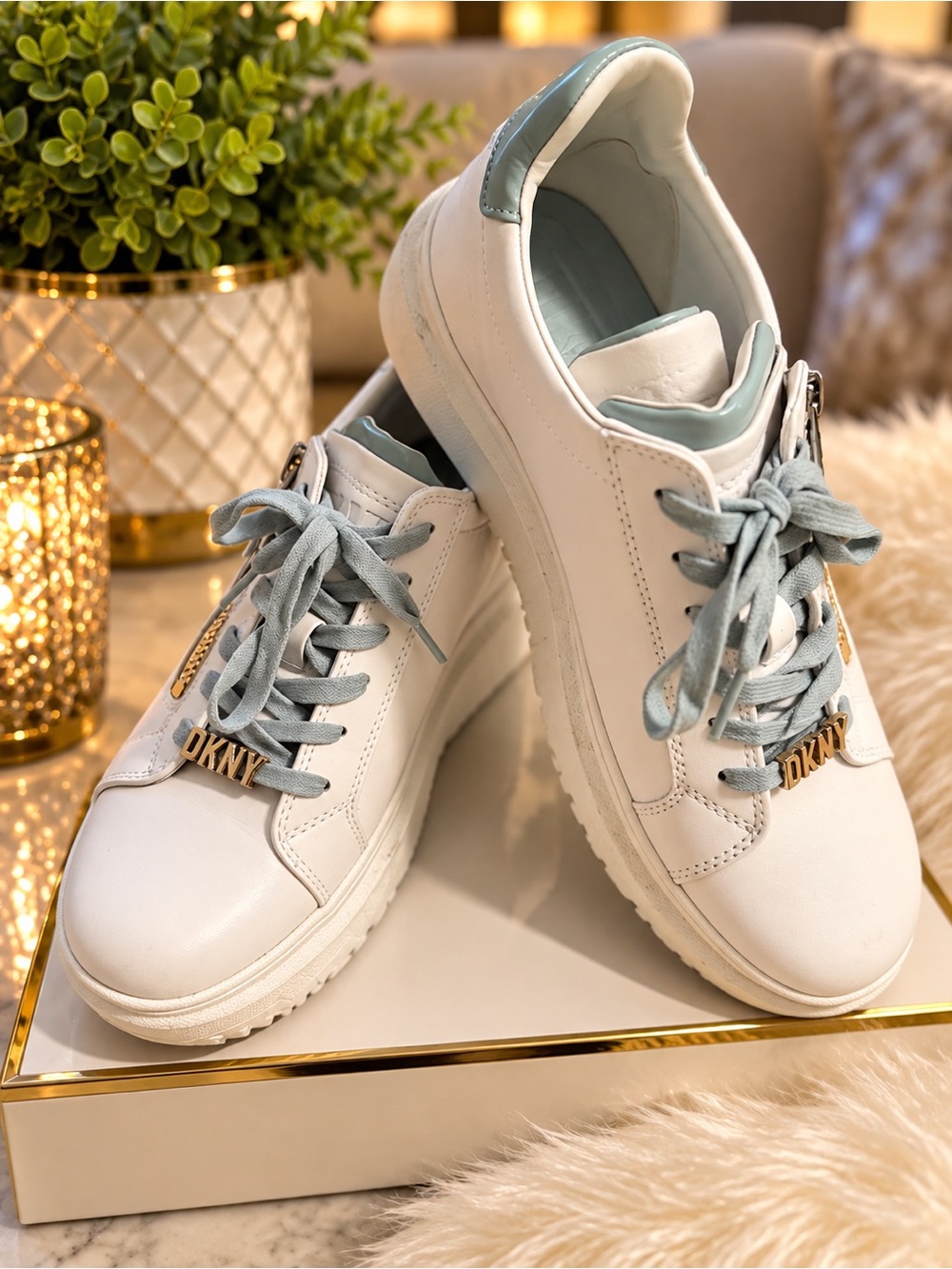 DKNY White Sneakers with Light Blue Accents